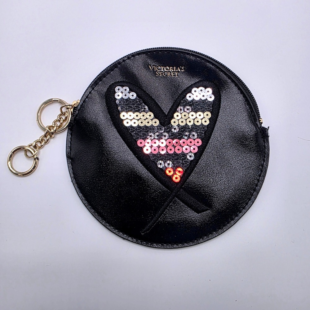 Victoria's Secret Black Sequin Heart Round Coin Purse Keychain Bag Charm - Picture 1 of 5